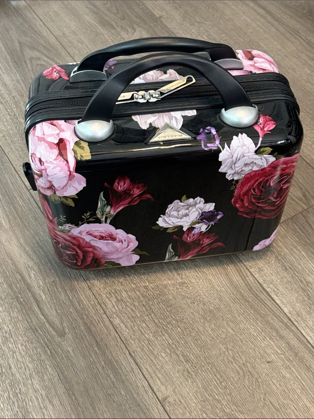 Triforce Black Floral Hard-Shell Cosmetic Case with Pink & Red Floral Print